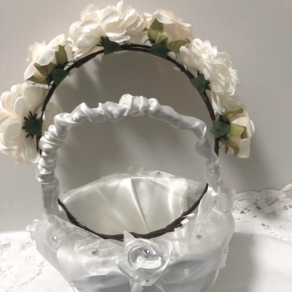 Wedding flower girls  satin basket and flower headband